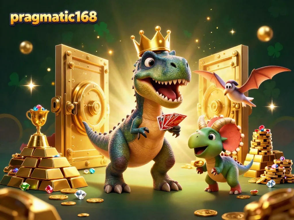 Engage with pragmatic168 as a T-Rex and friends shuffle cards and stack chips in a vibrant casino scene.