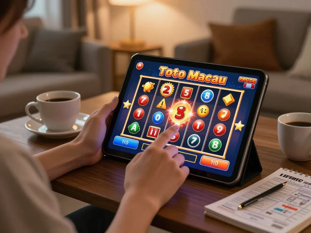 Toto Macau slot gameplay on tablet in a cozy living room environment.