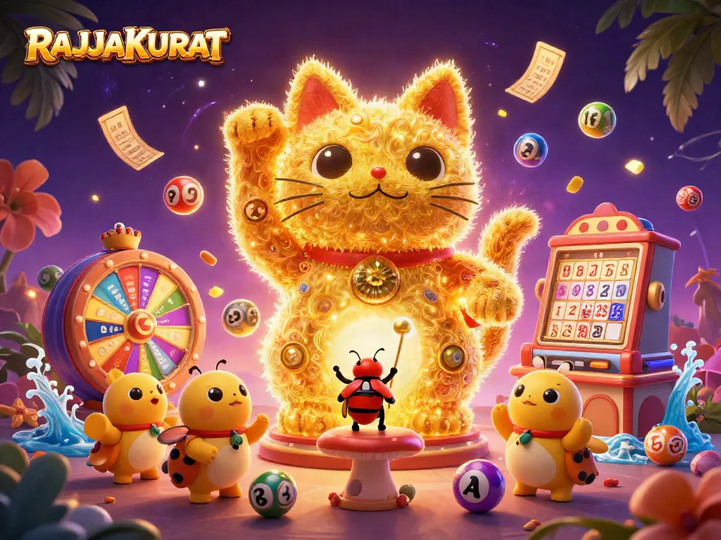 Experience the vibrant world of RAJAAKURAT with a lucky cat formed by fireflies and dynamic casino elements.