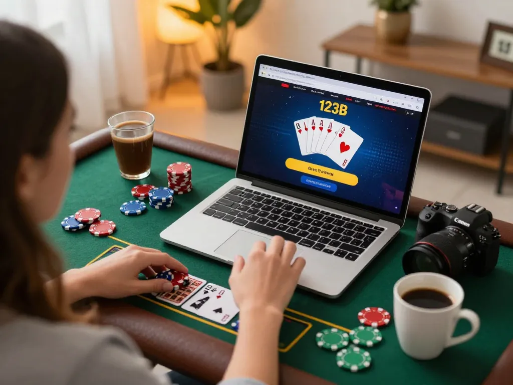 Engaging live dealer game on 123B website with cards and poker chips during online gaming session