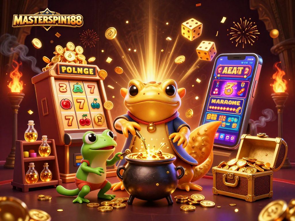 Play thrilling games at MASTERSPIN188 with a giant golden alchemist and magical casino elements.