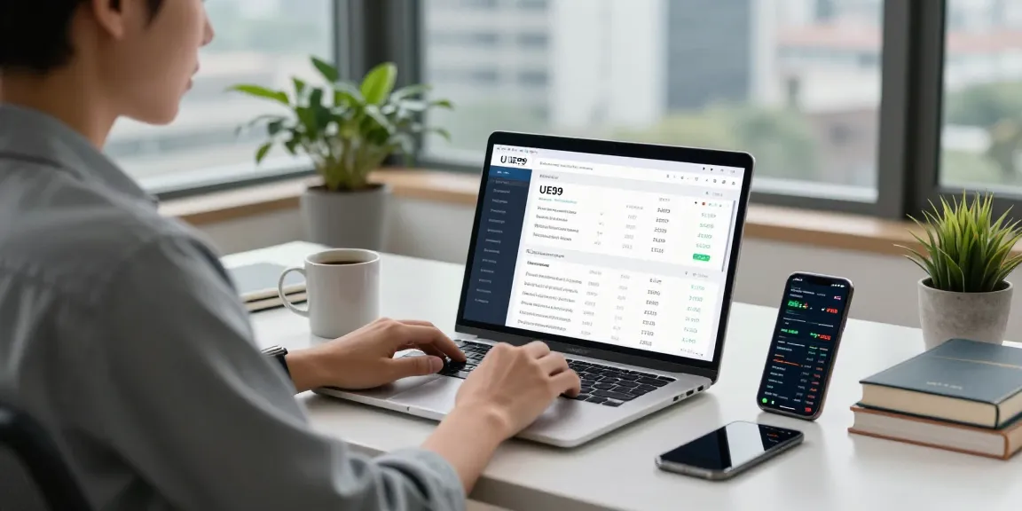 Pengguna UE99 sedang menggunakan platform investasi di kantor rumah yang modern.