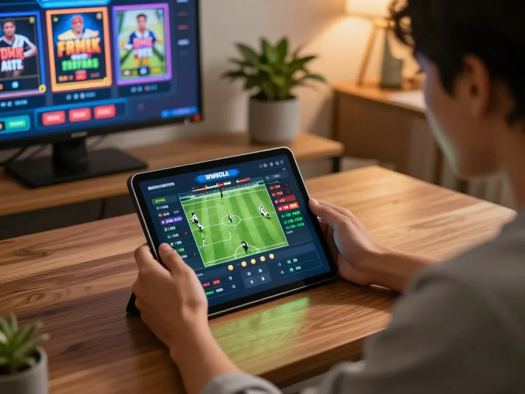 Engaged user placing bets with WWBOLA's mobile app in a cozy home office environment.