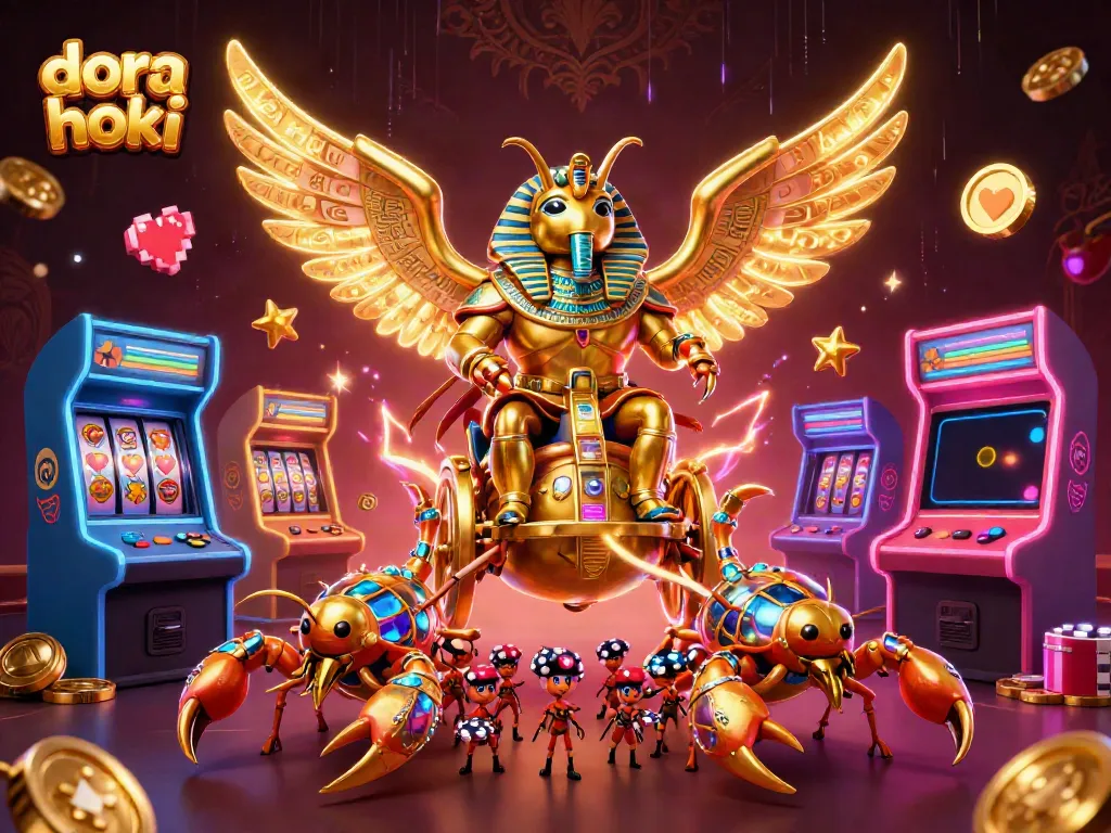 Permainan slot gacor di DORAHOKI dengan ikon bola berkilau dan jejeran mesin slot berwarna cerah untuk menciptakan suasana kasino