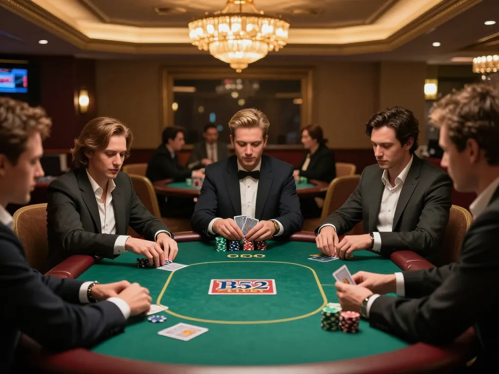 Hành động tại bàn poker CLB B52 với người chơi chiến lược, sự phấn khích rõ rệt, không gian casino sang trọng.