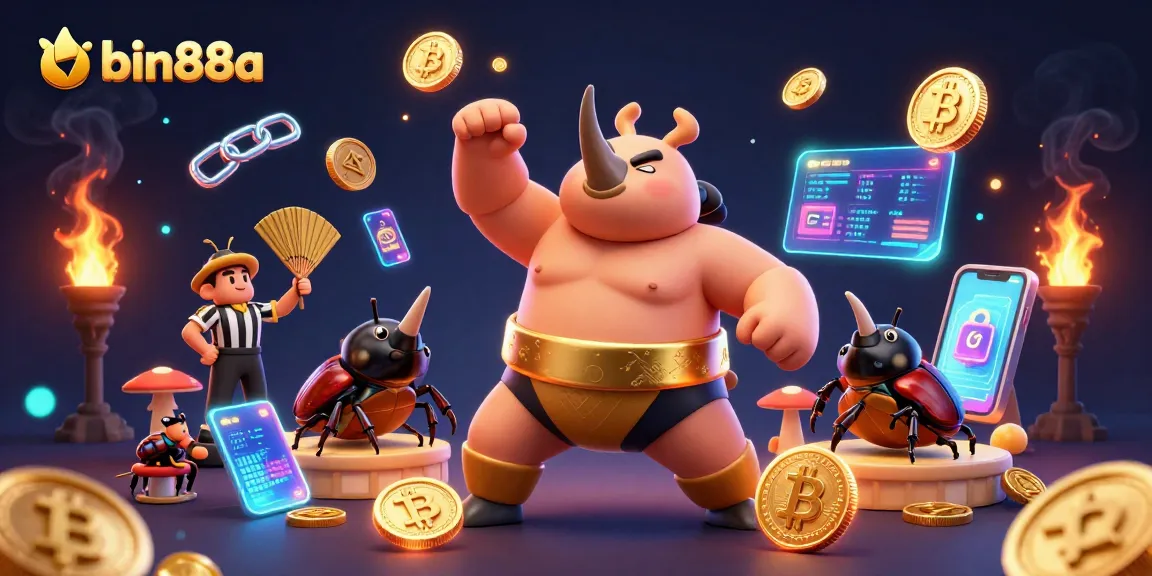 Experience the excitement of bin88a with a vibrant 3D scene featuring a beetle sumo champion and thrilling casino elements.