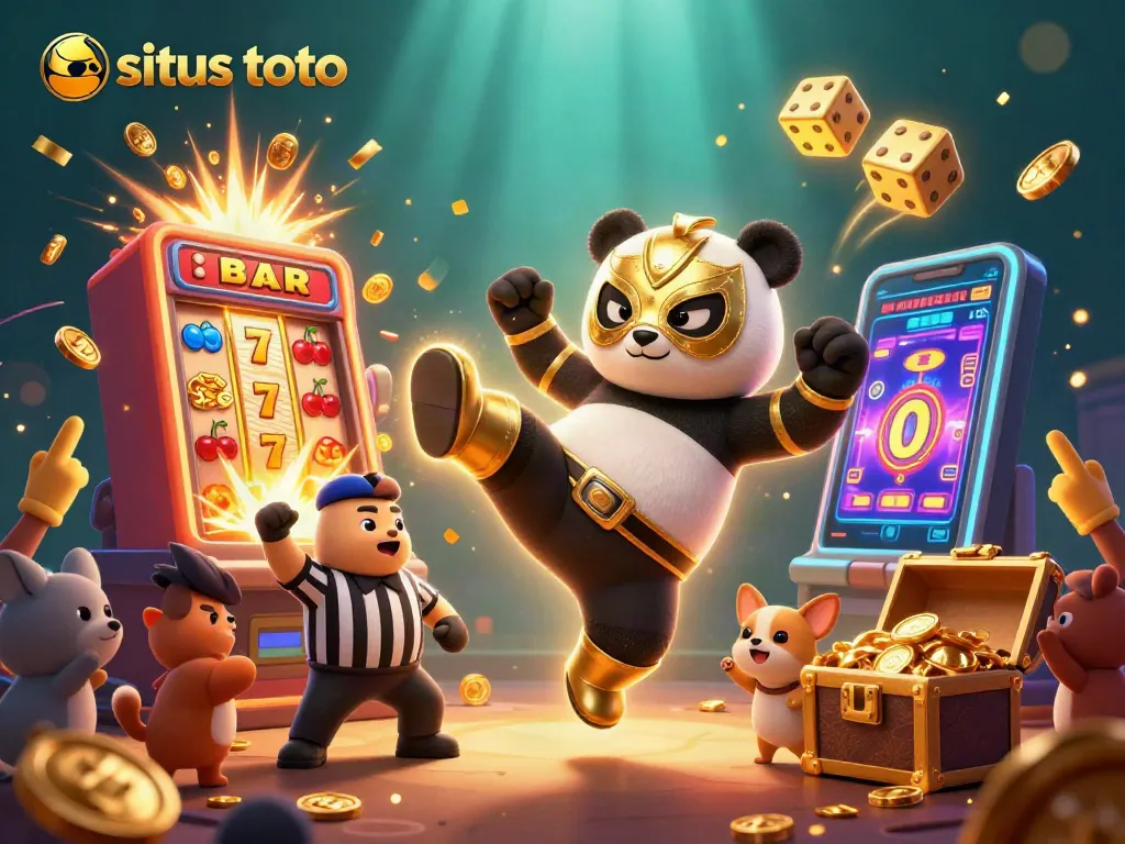 Merayakan situs toto dengan panda pegulat terbang dan mesin slot meledak penuh koin.