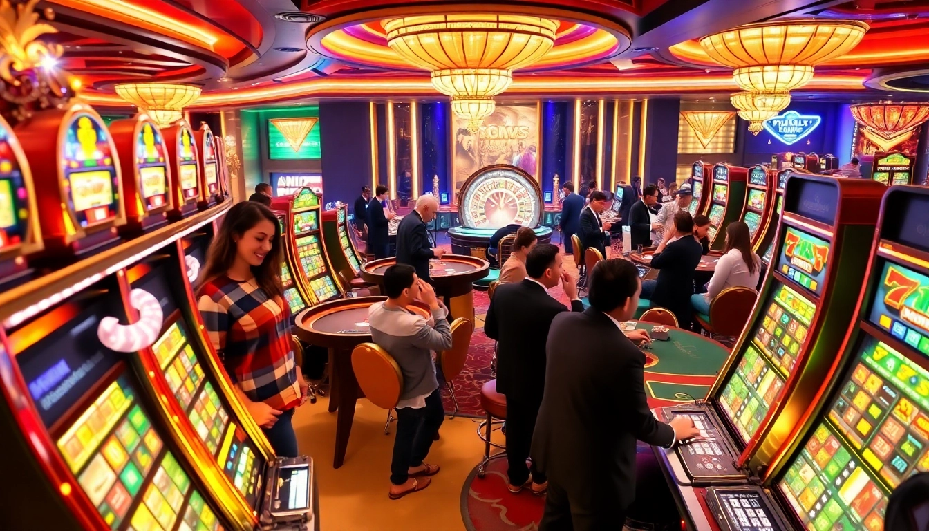 Pemain yang bersemangat menikmati mesin slot di lingkungan kasino mewah yang menampilkan Situs Gacor.