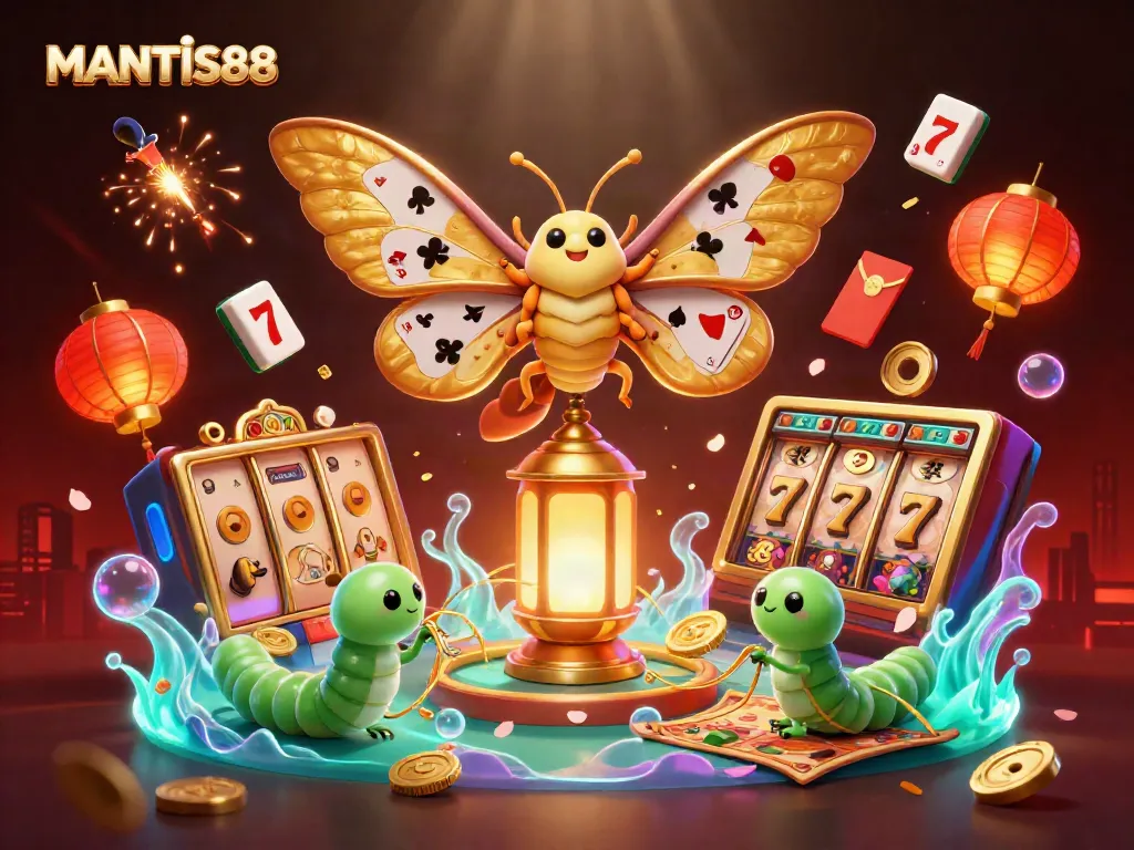 MANTIS88 offers a vibrant illustration showcasing a golden-winged atlas moth amidst 3D casino elements like slot reels and lucky 7s.