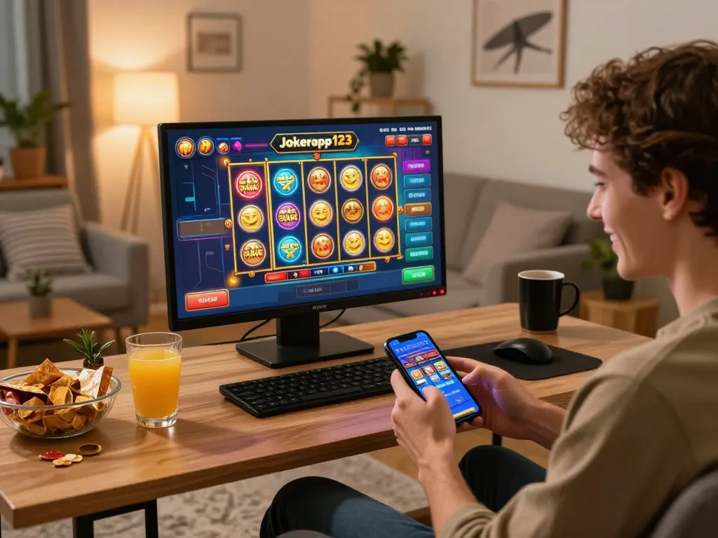 Player engaging with jokerapp123a mobile app for exciting casino gameplay at home.