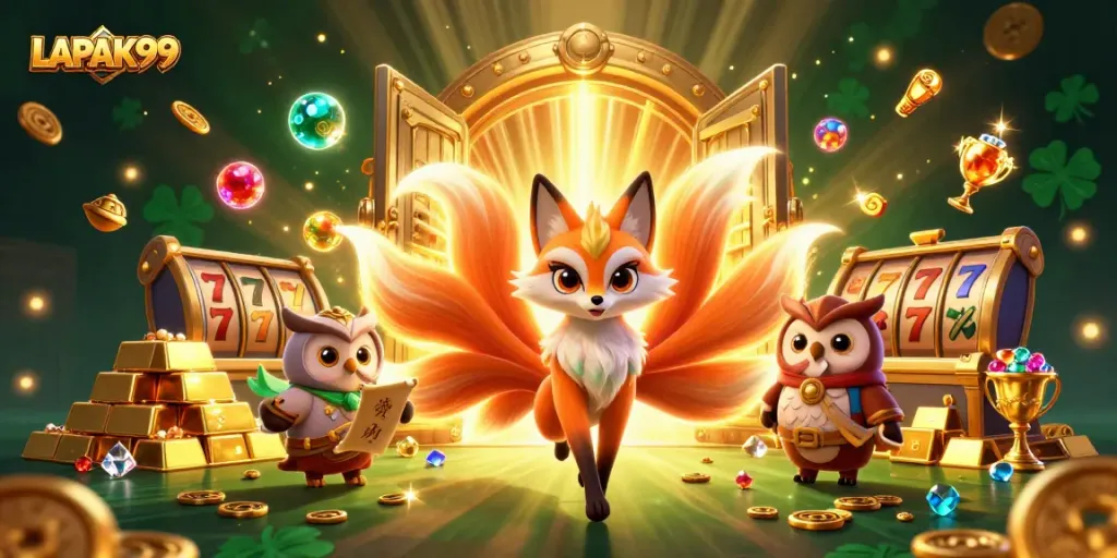 LAPAK99 brings luck in a colorful slot adventure with a dynamic fox and treasures!