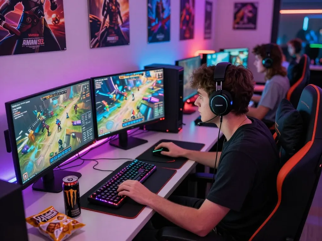 Player engaged in AMAN333 platform game with vibrant gaming setup