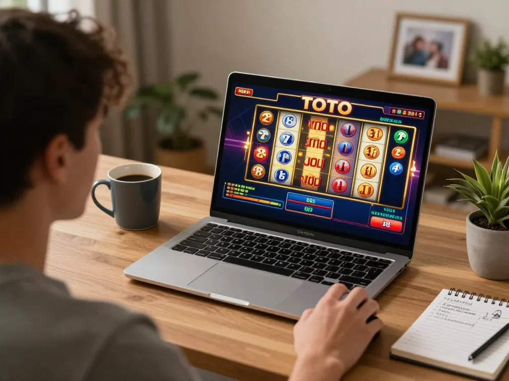 Engaging with bayitoto login while playing Toto slot at home with strategic notes.