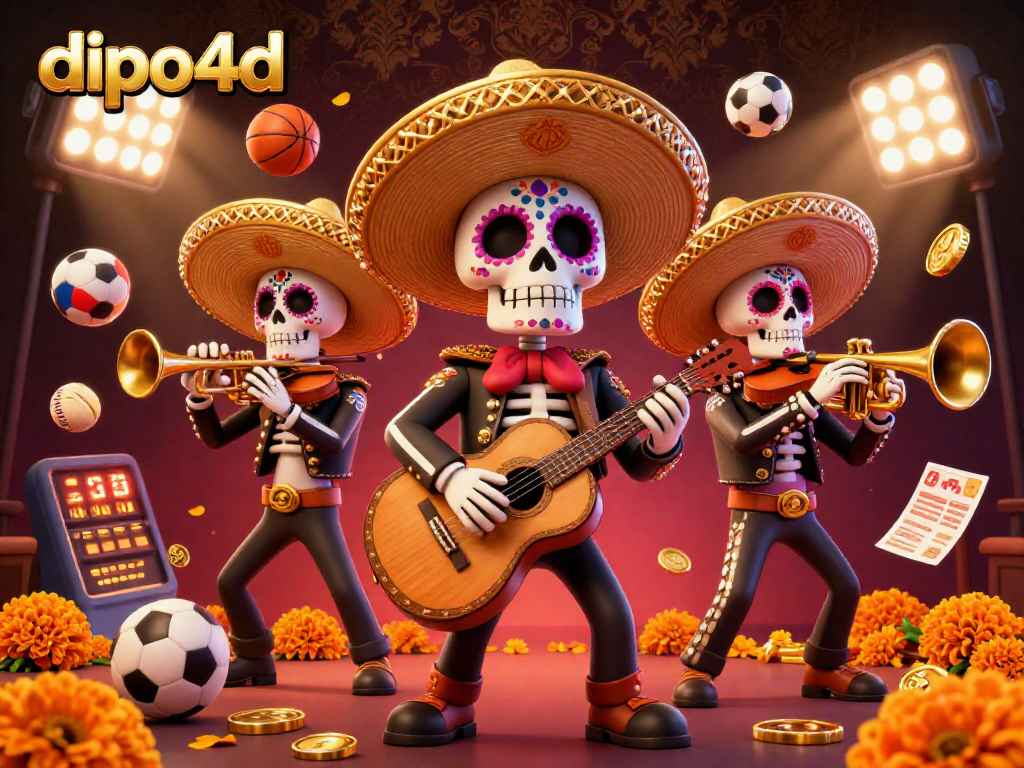 Experience the thrill of dipo4d with a vibrant casino illustration featuring skeleton mariachi musicians amid dynamic sports betting elements.