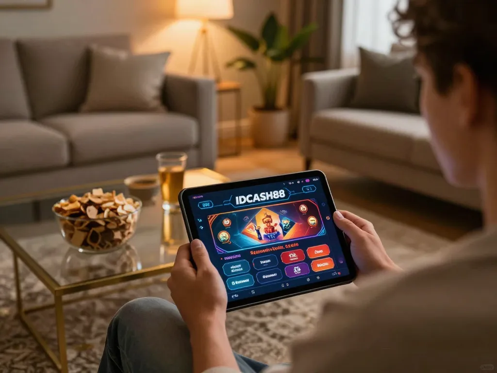 Experience IDCASH88 gaming on a tablet in a cozy living room with snacks.