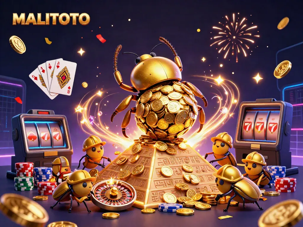 MALITOTO showcases a golden beetle pushing coins up a pyramid while casino elements sparkle around.