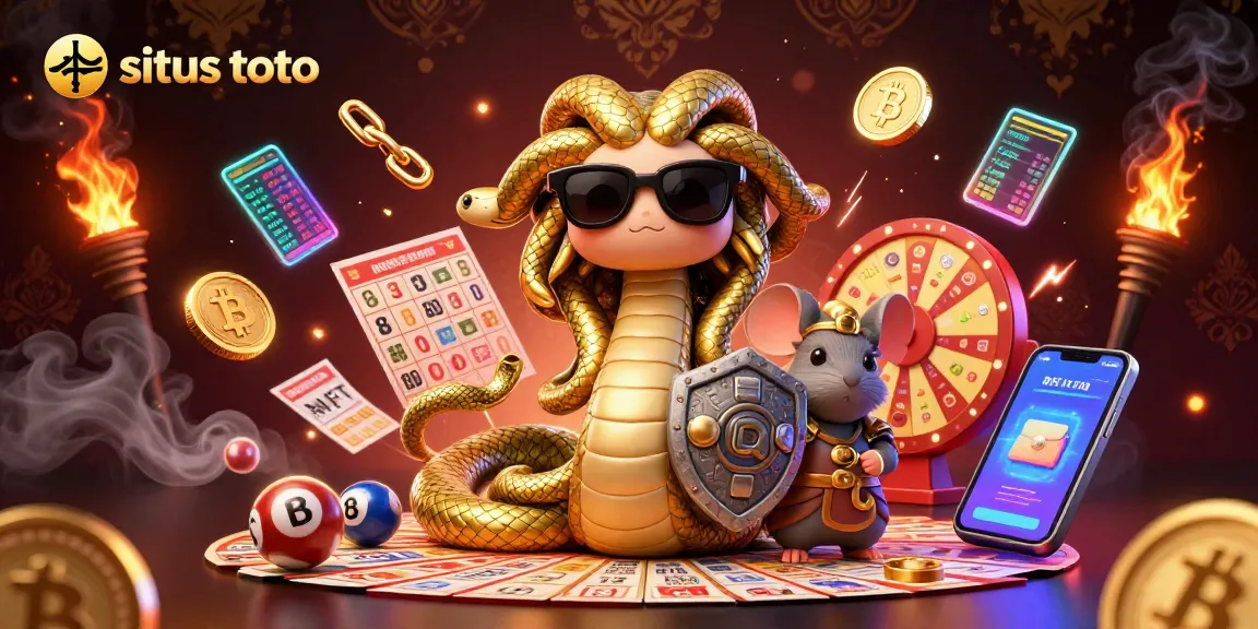Memenangkan permainan di situs toto dengan Medusa dan mouse pejuang, dikelilingi oleh item judi menarik.