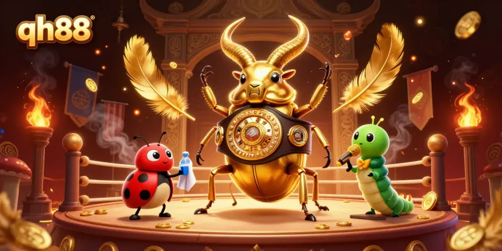 Engage with the qh88 gaming scene featuring a golden stag beetle and vibrant casino elements in an action-packed atmosphere.