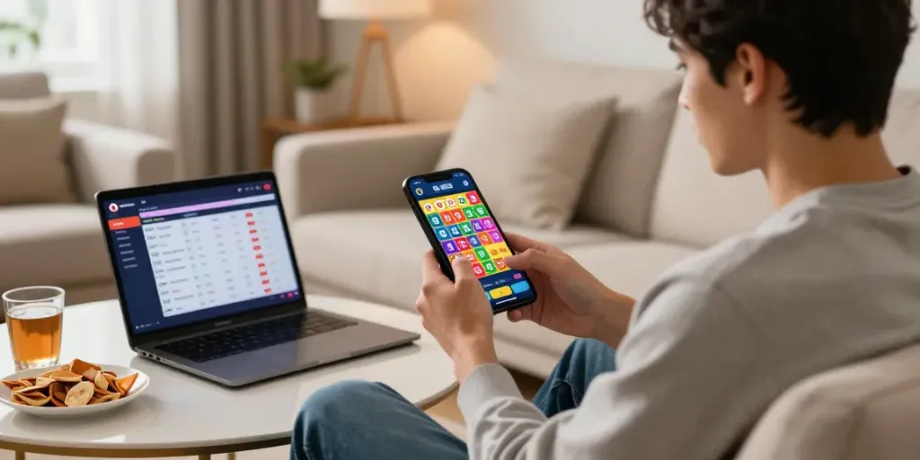 Enjoying ahha4d mobile lottery games in a cozy living room setting.