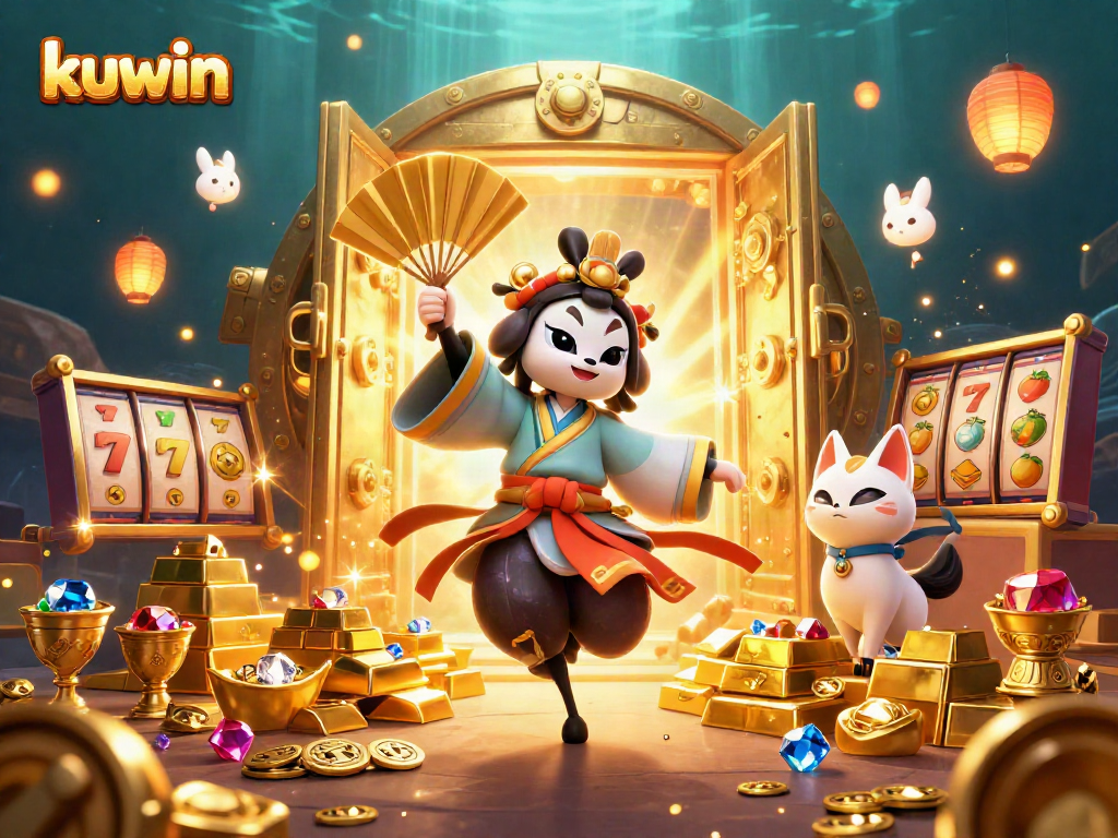 Kuwin attracts gamblers with vibrant 3D casino illustration featuring slot reels, golden treasures, and dynamic characters.