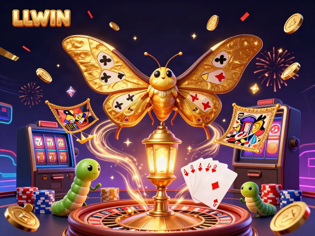 Experience thrilling gaming at LLWIN with vibrant casino scenes featuring majestic moths and winning symbols.