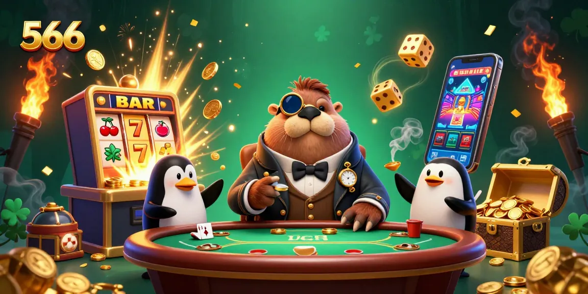 Engage with the exciting world of 566's casino games, featuring a walrus poker player and vivid slot machine explosion.