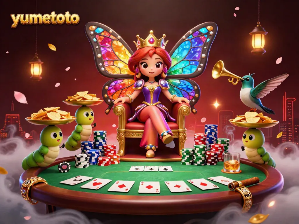 Experience the thrill of yumetoto with a vibrant casino scene of a butterfly queen and poker elements.