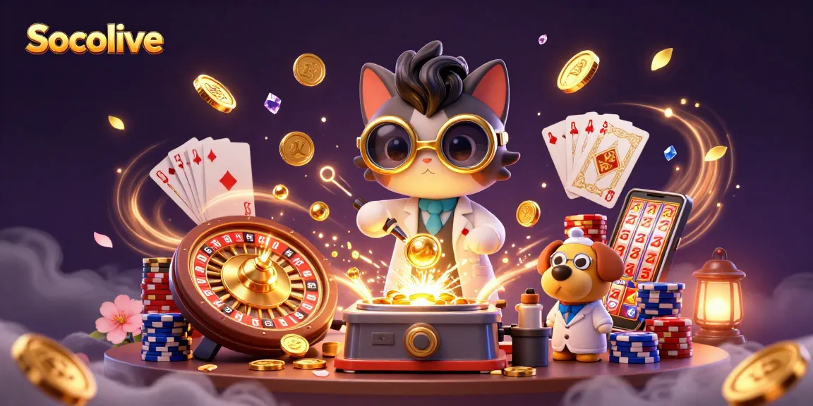 Socolive showcases an exciting scene with a mad scientist cat creating winning strategies and a loyal assistant dog amidst golden coins and gaming elements.