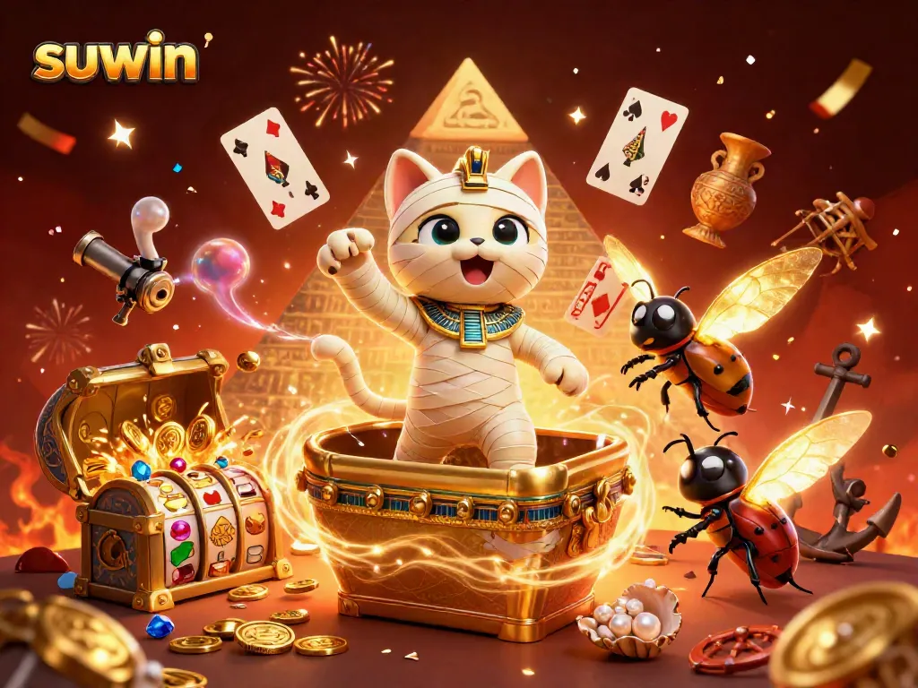 Suwin illustration featuring a mummy cat and scarab in a vibrant casino scene with slot reels and gold treasures.
