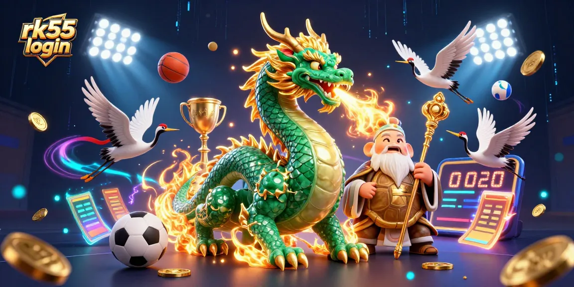 Experience rk55 login seamlessly with a vibrant 3D illustration showcasing dragons and lucky elements.