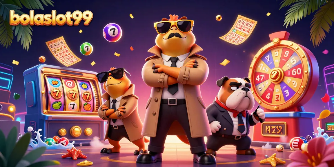 BolaSlot99 showcases raptors ingeniously disguised at a casino entrance, blending humor with vibrant gambling elements.