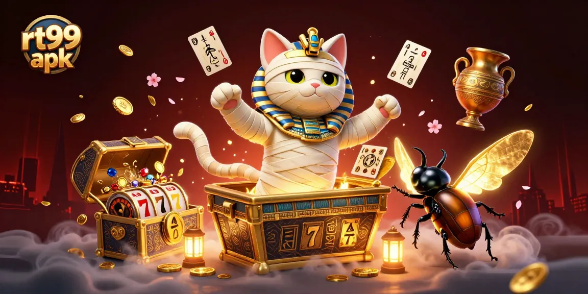 Experience winning with rt99 apk in a vibrant casino-themed adventure featuring a mummy cat and treasures.