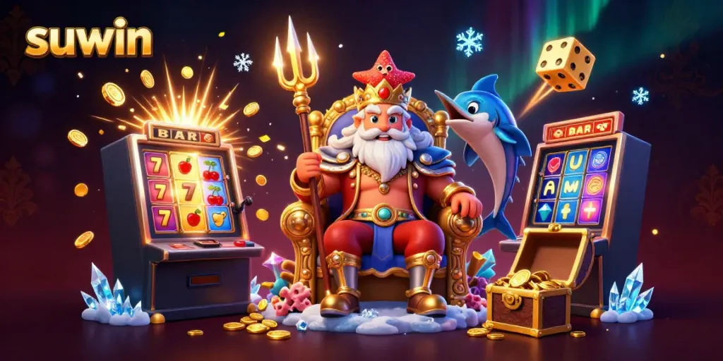Suwin slot machine explosion with Neptune and samurai, creating a vibrant casino scene.