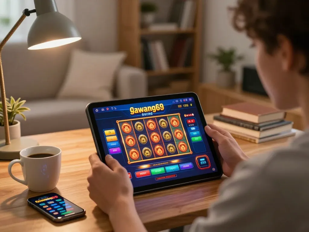 Engaging moment of a player exploring gawang69 casino slots on a tablet in a cozy home setting.