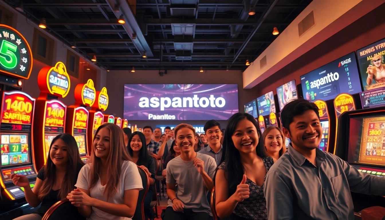 Exciting scene of players enjoying asupantoto online gaming with vibrant screens and joyful expressions.