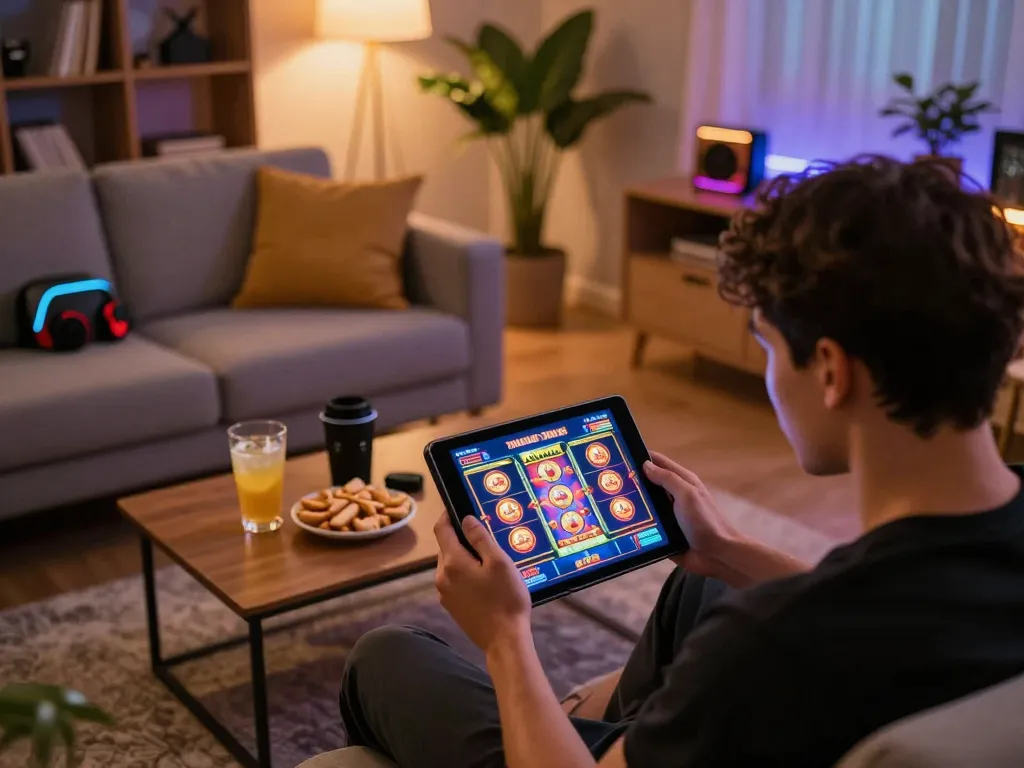 Engaging gameplay on slot thailand showcased on a tablet in cozy home setting.