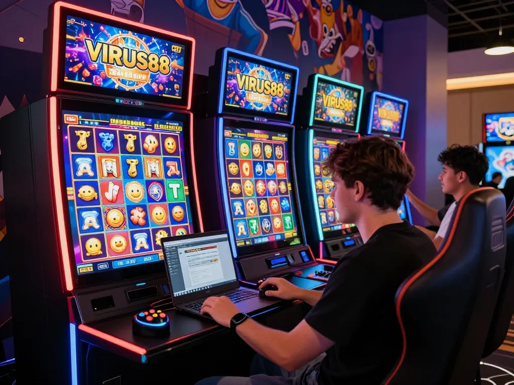Pemain menikmati permainan slot online VIRUS88 dengan grafis berwarna-warni dalam suasana permainan yang ceria.