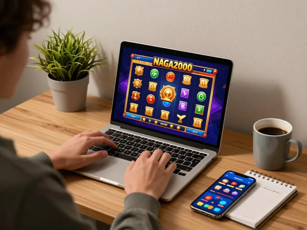 NAGA2000 player engaging with vibrant slot game on laptop in a cozy home setup.