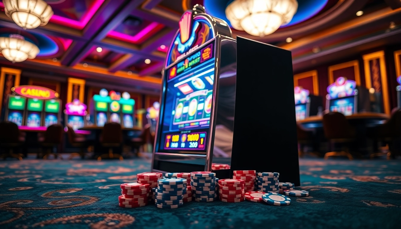 Memperlihatkan mesin slot tkp188 yang berkilau di kasino, memikat pemain dengan warna cerah.