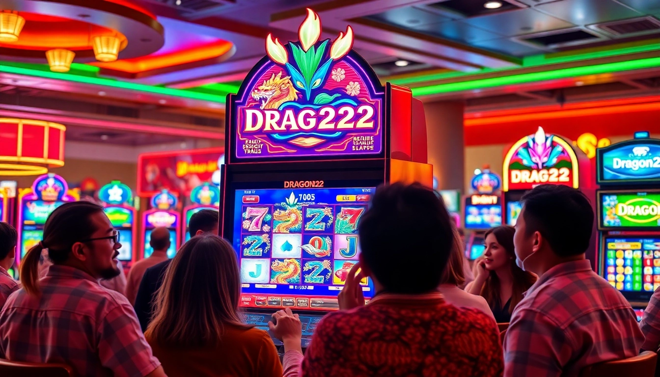 Login DRAGON222 pada mesin slot dengan suasana kasino yang penuh semangat.