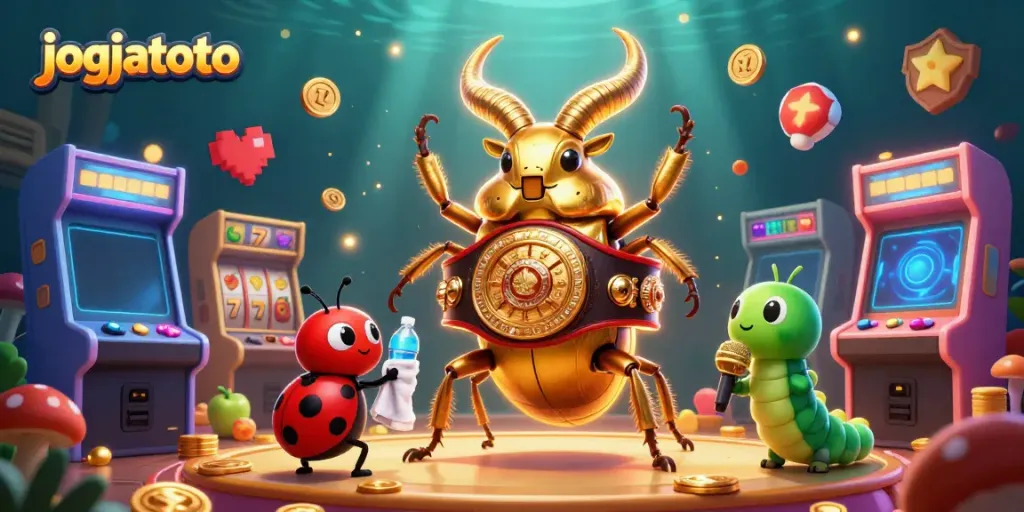 Engage with jogjatoto's vibrant casino action featuring a golden stag beetle in a boxing match.