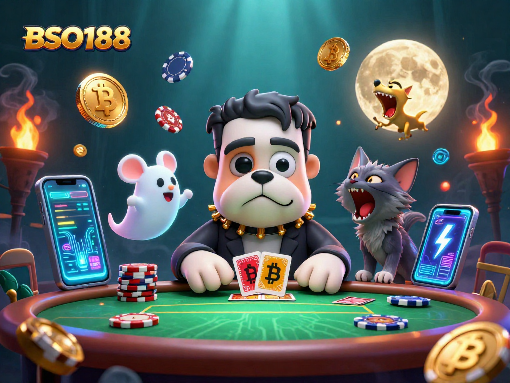 Engage with BSO188 as a supernatural bulldog deals cards at a ghostly poker table with crypto elements.