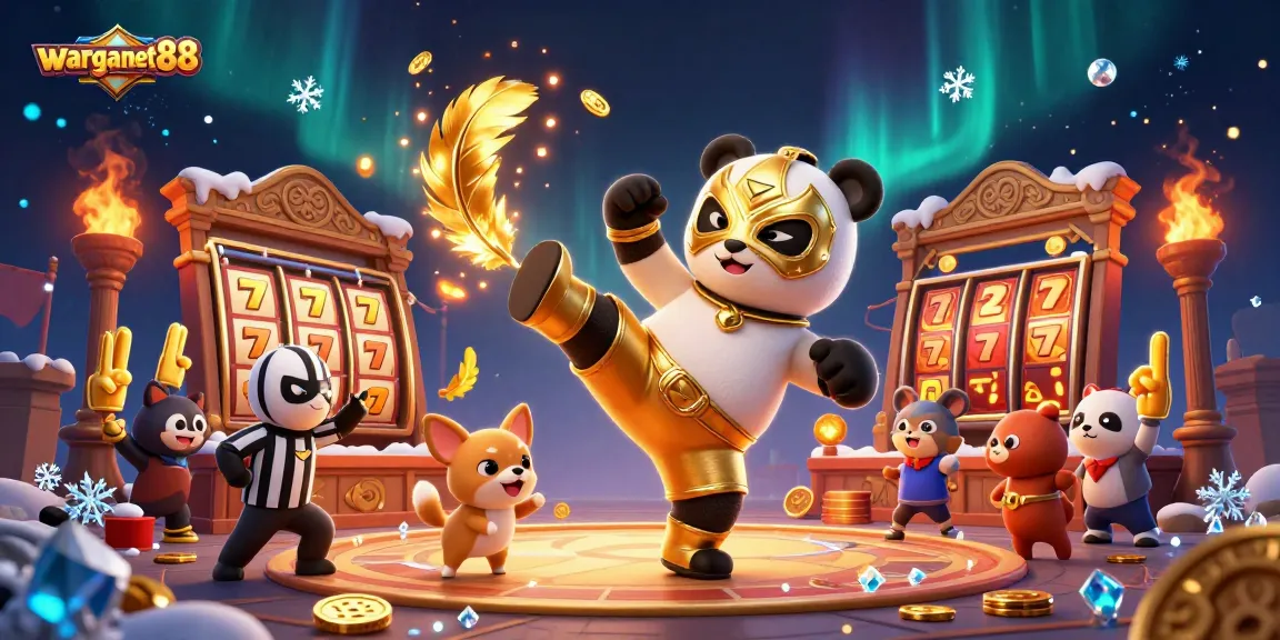 Experience thrilling gameplay with warganet88 as the panda wrestler takes center stage in this vibrant casino scene.