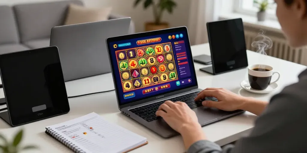 Seorang pemain sedang menikmati permainan lotto online alexistoto di laptop dengan suasana santai di ruang tamu.