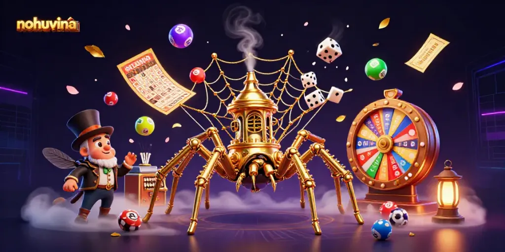 Nohuvina offers dynamic lottery excitement with a vibrant gaming scene featuring a steampunk spider and colorful elements.