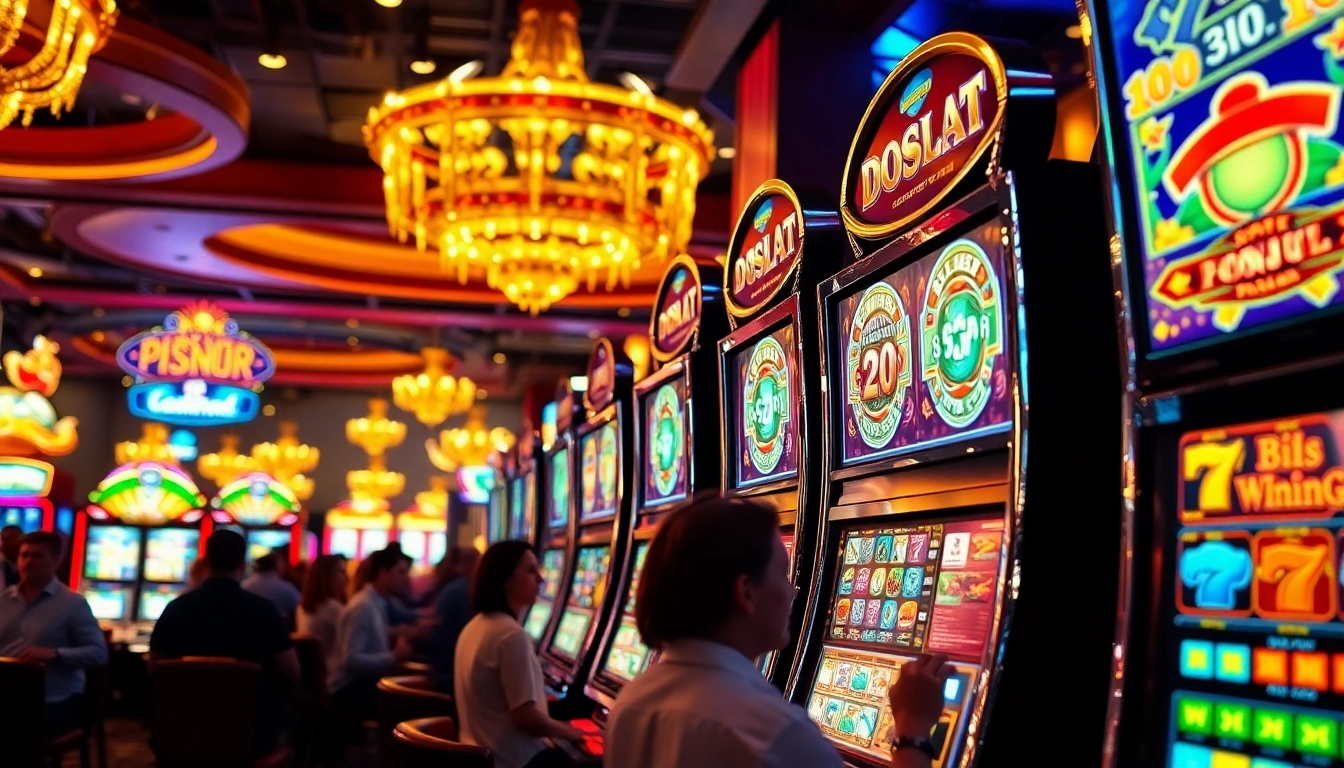 Putaran slot yang mengasyikkan di kasino penuh warna dengan pemain yang antusias.