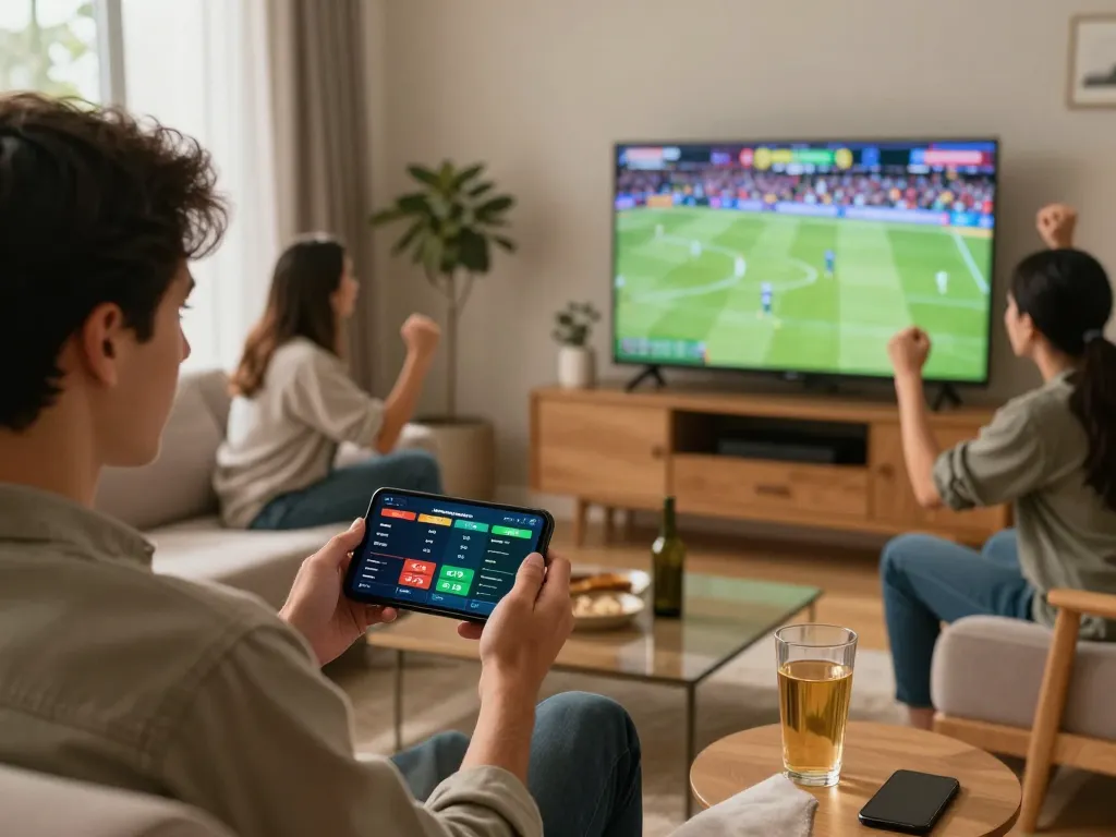 Một người đang đặt cược trên 12bet trong khi thưởng thức một trận đấu thể thao trực tiếp tại nhà
