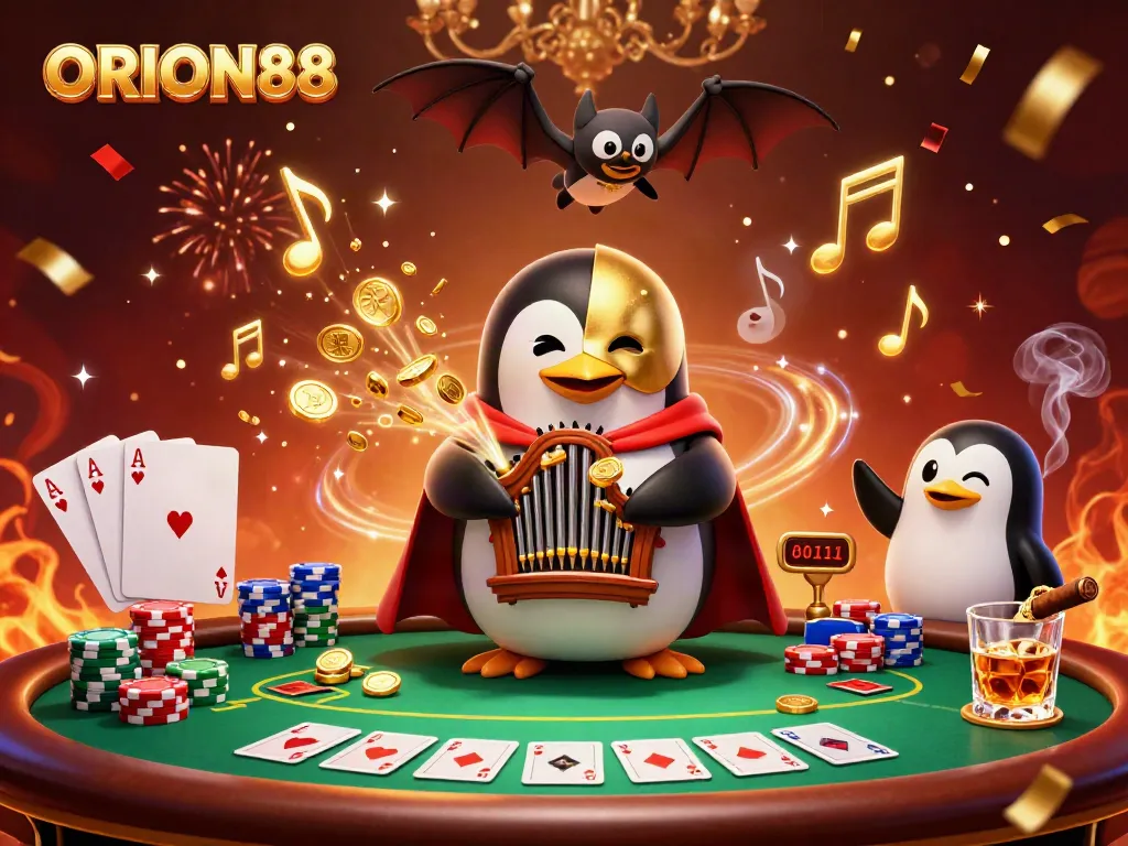 Experience thrilling wins with ORION88 in this vibrant 3D casino illustration.