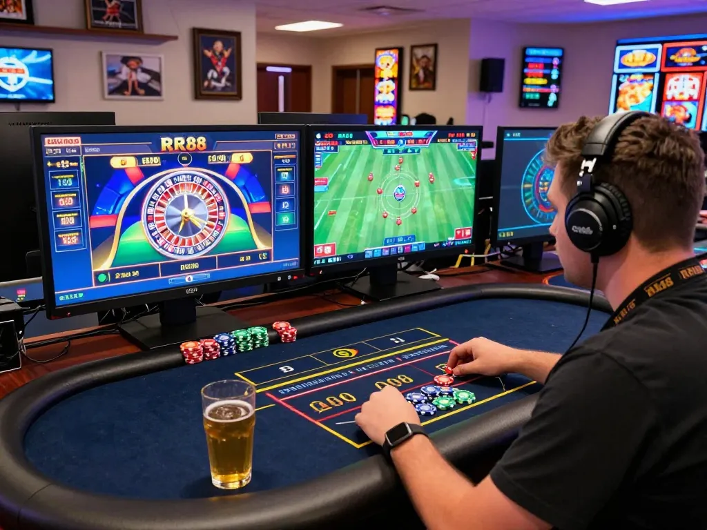Engaged player at RR88's online casino, immersed in vibrant live gaming experience.