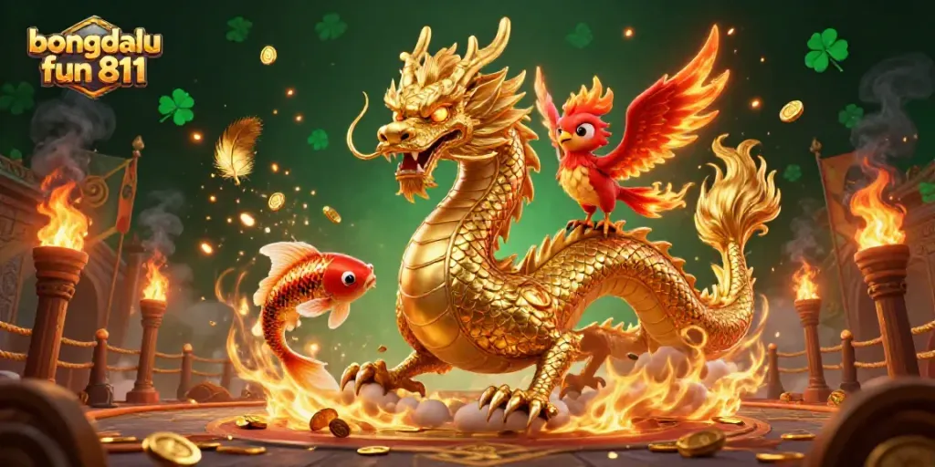 Bet on the dynamic features of the Bongdalu fun 811 platform with vivid dragon and koi imagery.
